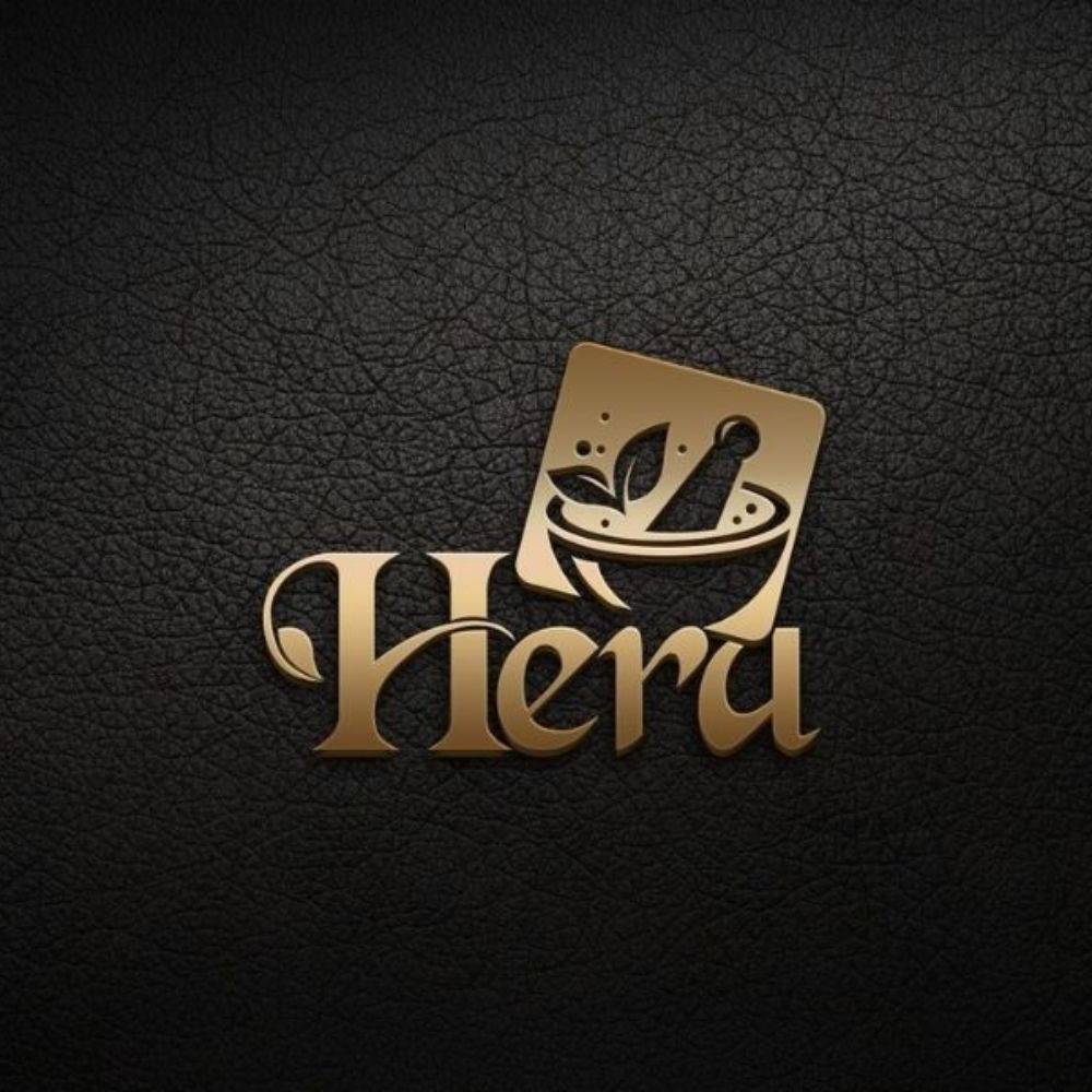 Gold logo with 'Hera' on a black textured background