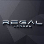 Metallic 'REGAL LONDON' logo on a dark geometric background