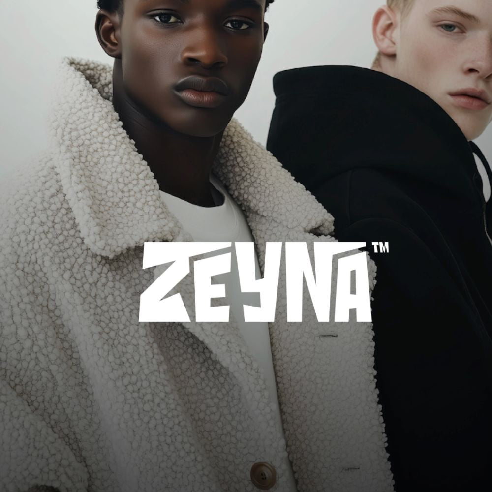 Two people wearing winter clothing with Zevna logo overlay
