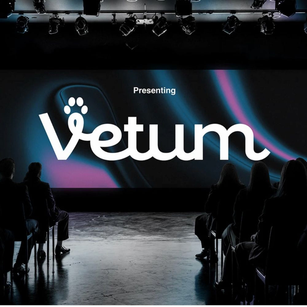 Stage with 'Vetum' logo projected onto a screen, people sitting in the foreground