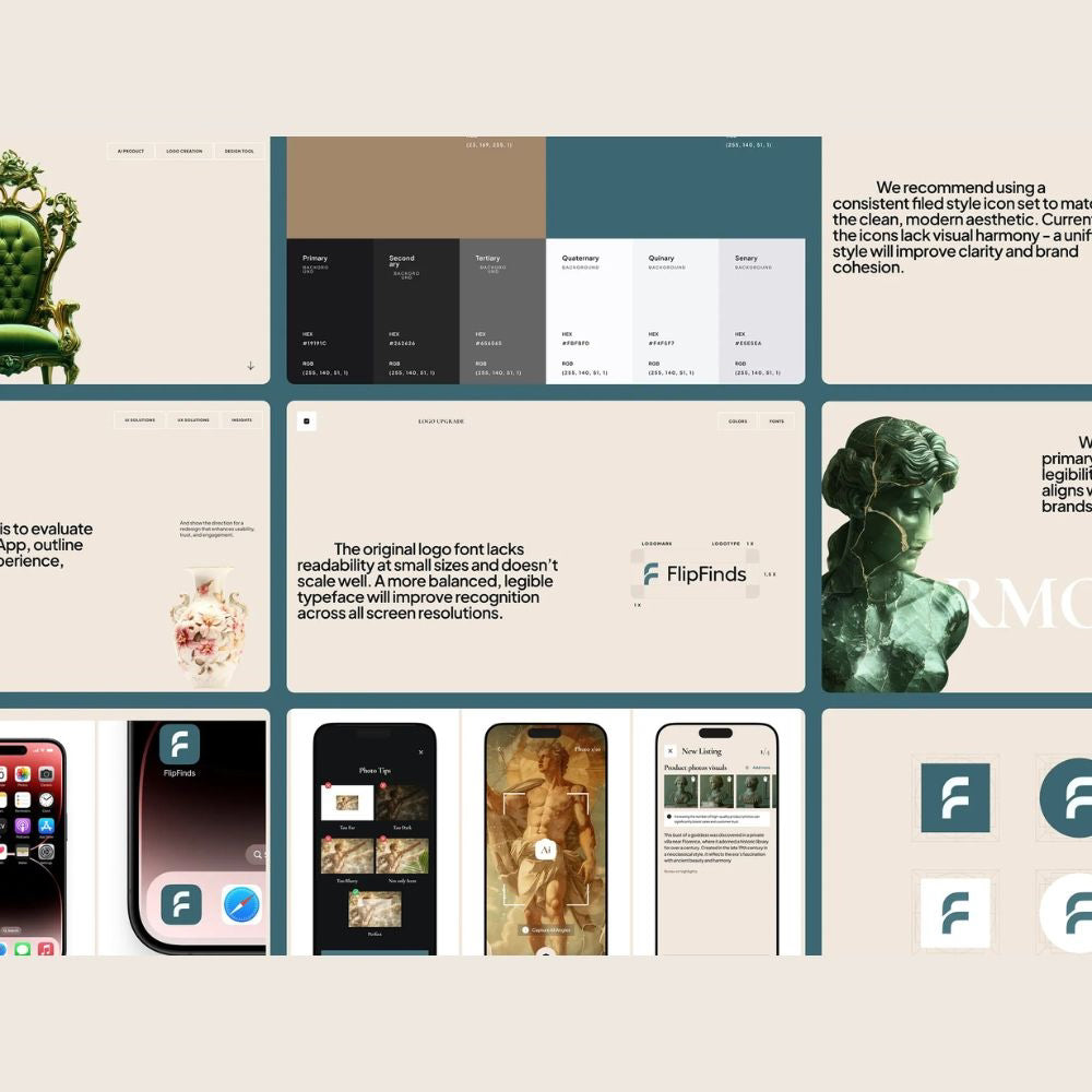Collage of various design elements including icons, app interfaces, and branding materials.