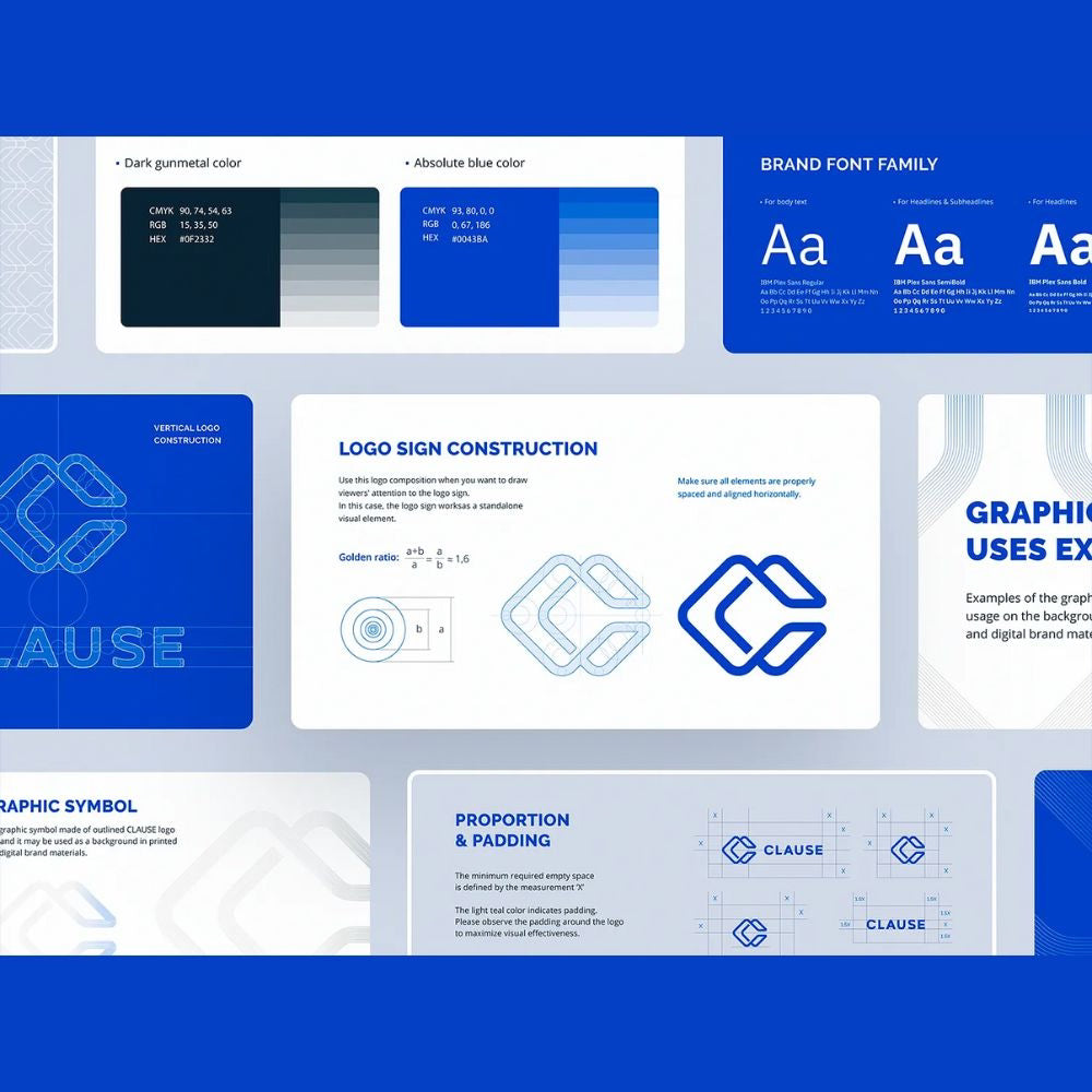 Design guidelines for a brand with blue color scheme and logo construction on a white background.