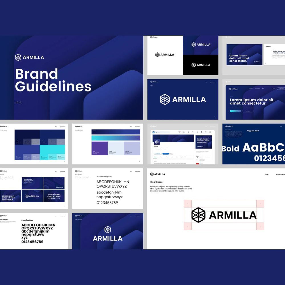 Collection of Armilla brand guidelines with various design elements on a blue background