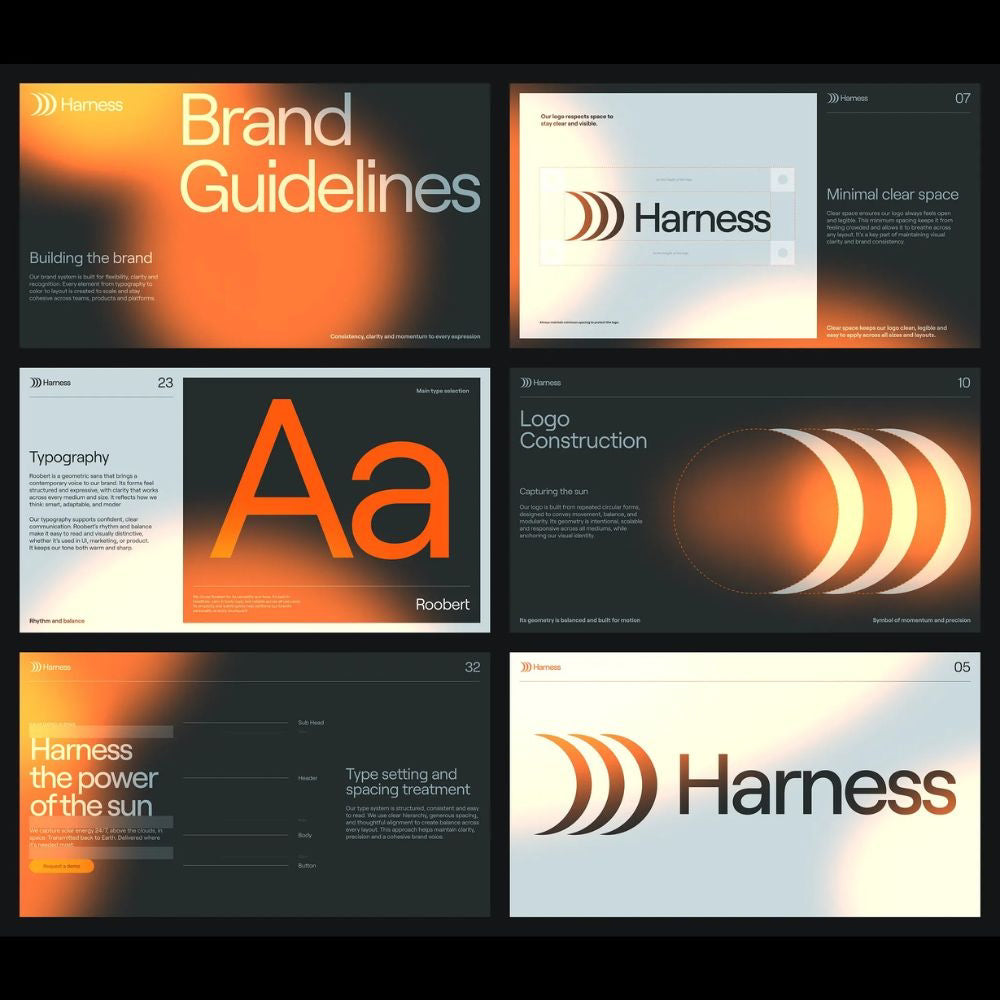 Collection of 'Harness' brand guidelines with logo and design elements.