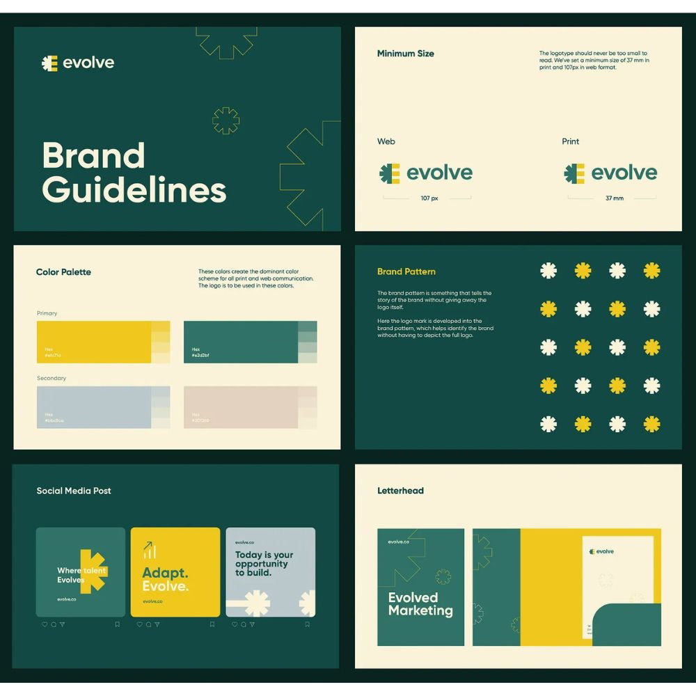 Evolve brand guidelines with design elements and color palette on a green background