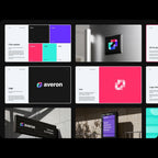 Collage of Averon brand elements including logo, color palette, and digital displays.