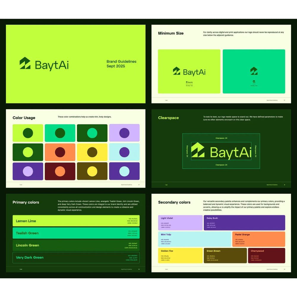 BaytAi brand guidelines document with color usage and logo examples on a green background