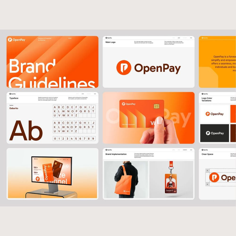 Collection of OpenPay brand guidelines and design elements on a white background