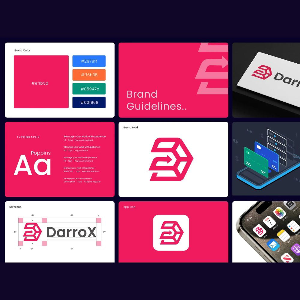 Collage of brand guidelines and logos with a focus on color codes and design elements.