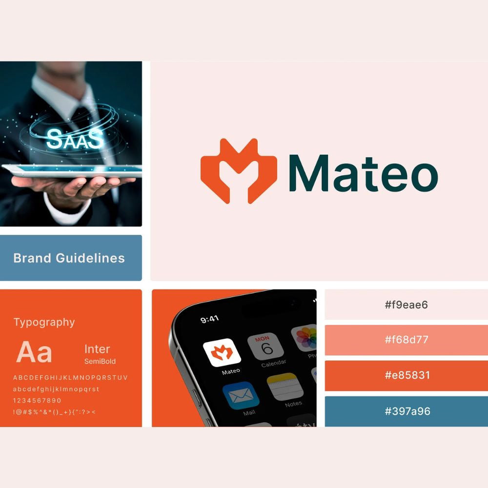 Mateo brand guidelines with logo, color palette, and smartphone app interface.