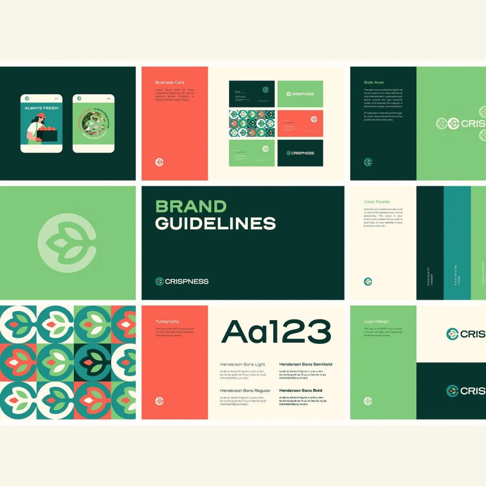 Collage of brand guidelines and design elements with 'Crispness' branding.