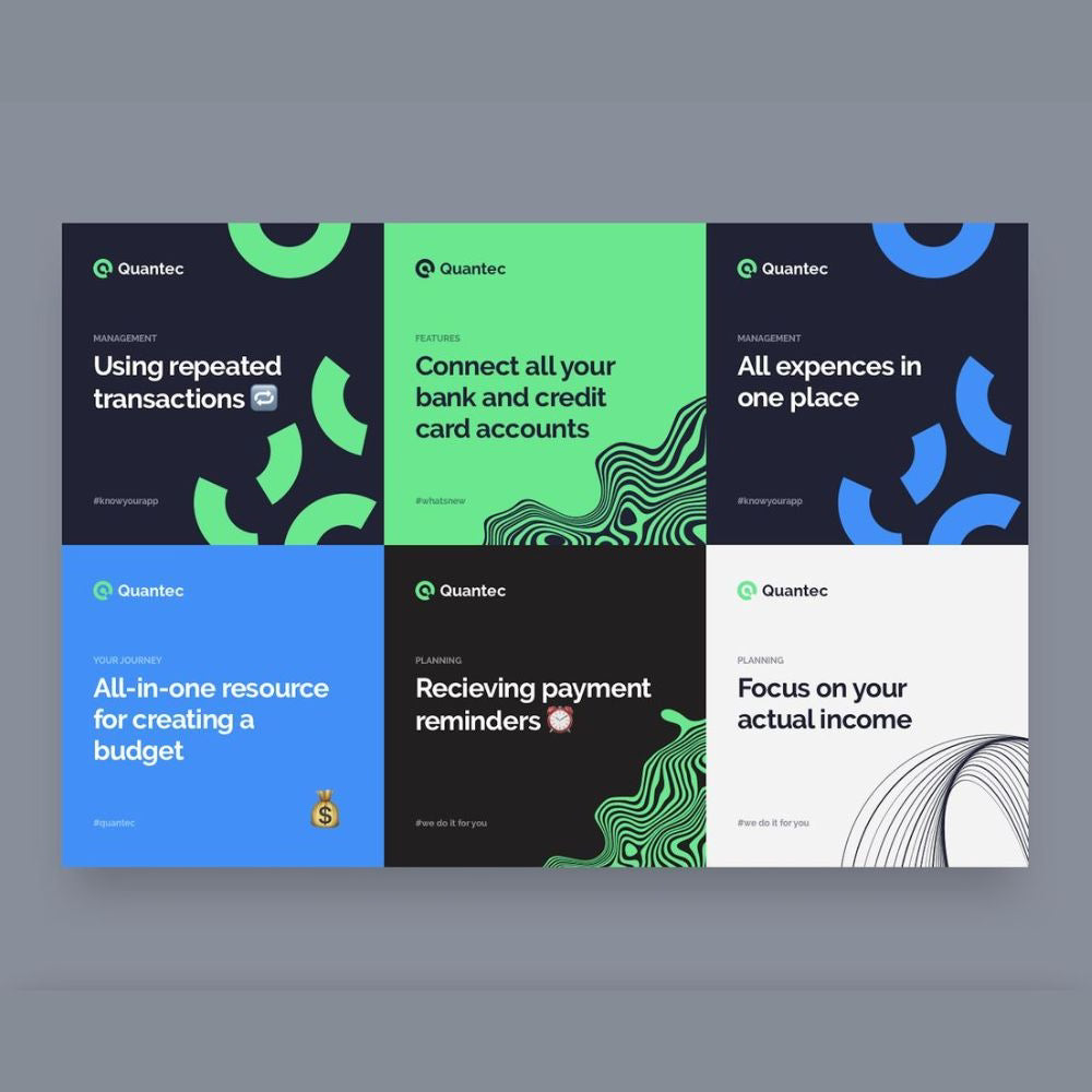 Set of Quantec app feature cards on a gray background