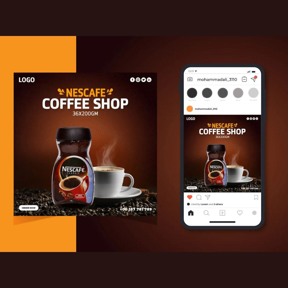 Nescafe coffee shop packaging design with a smartphone mockup on a brown background