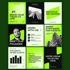 Collection of promotional posters with text and images on a green background