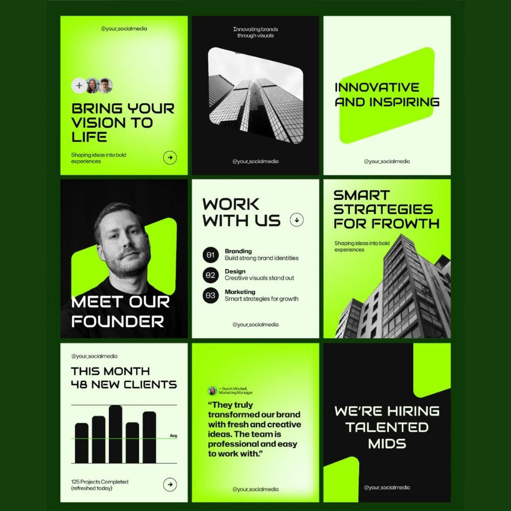 Collection of promotional posters with text and images on a green background