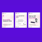 Three web pages with text and a logo on a purple background