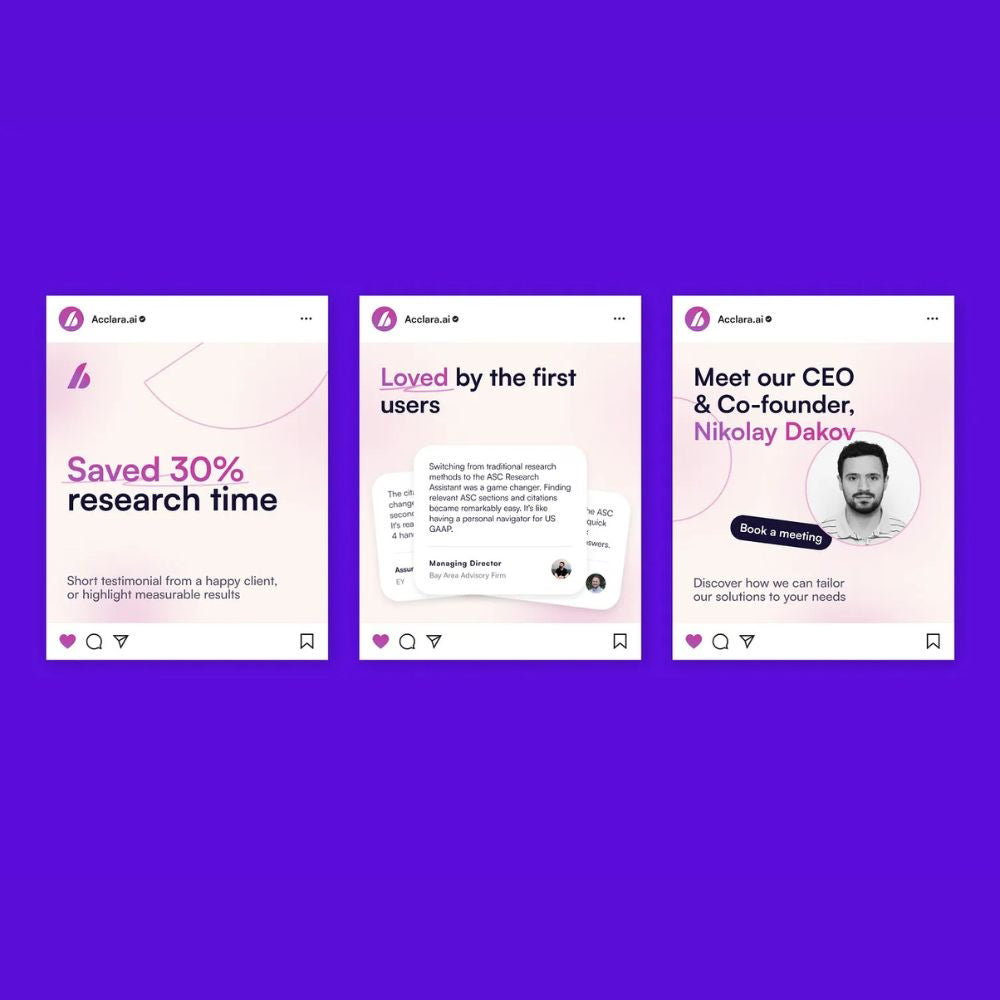 Three web pages with text and a logo on a purple background