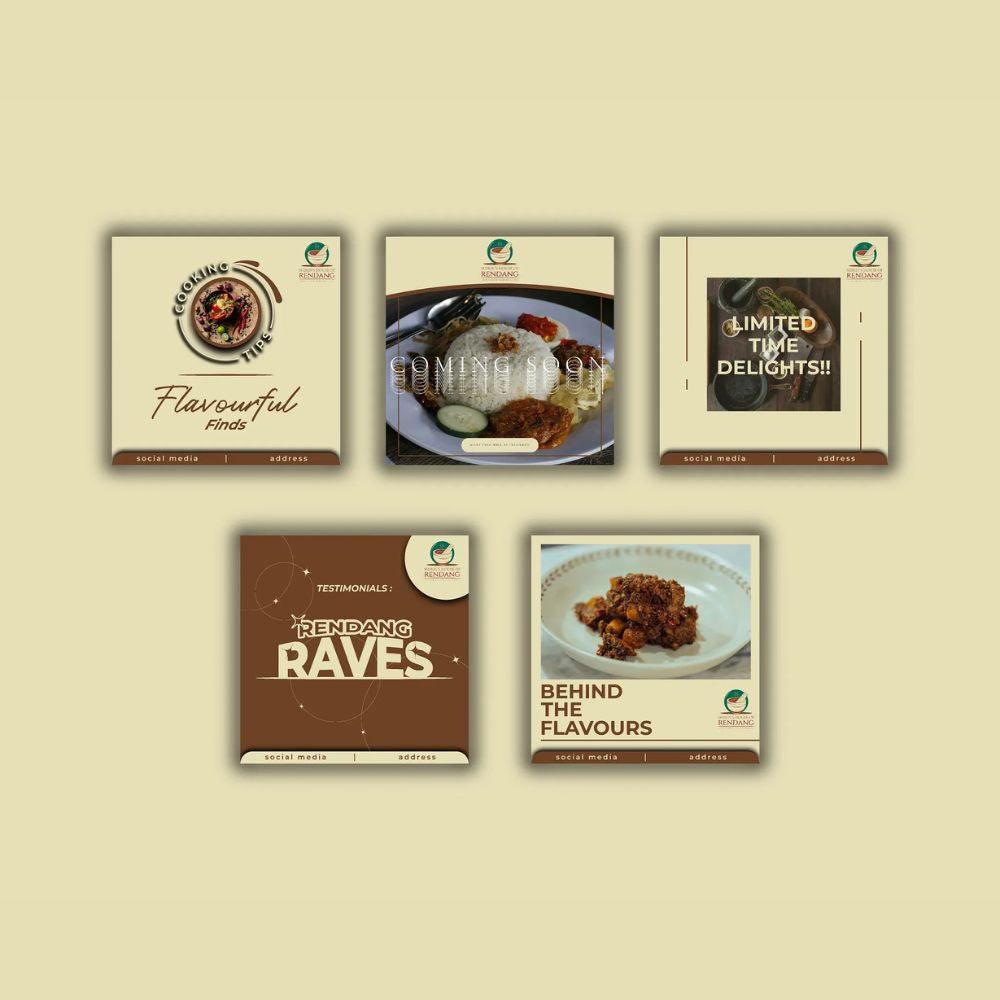 Five promotional posters with food images and text on a beige background