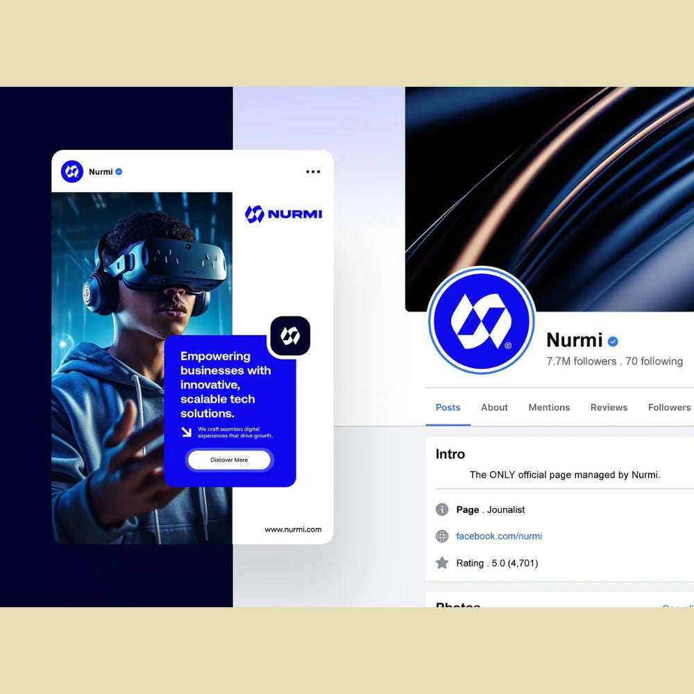 Nurmi brand page on a social media platform with a person using VR goggles and brand logo.