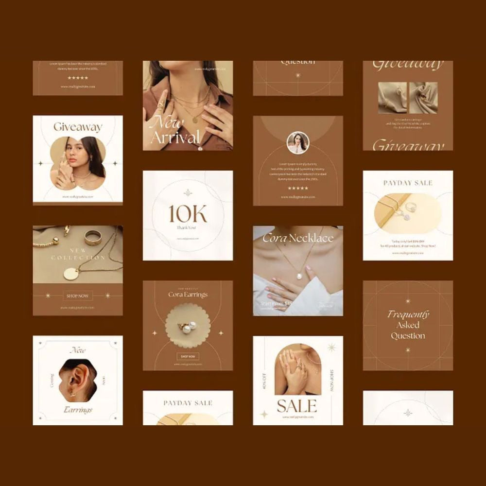 Collection of product display cards on a brown background