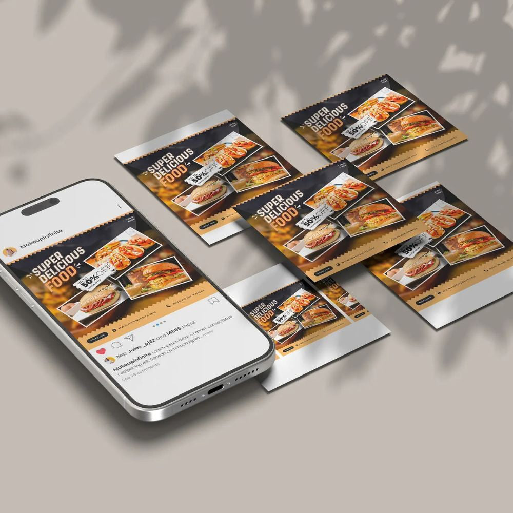 Phone displaying a food delivery app with printed menus on a table