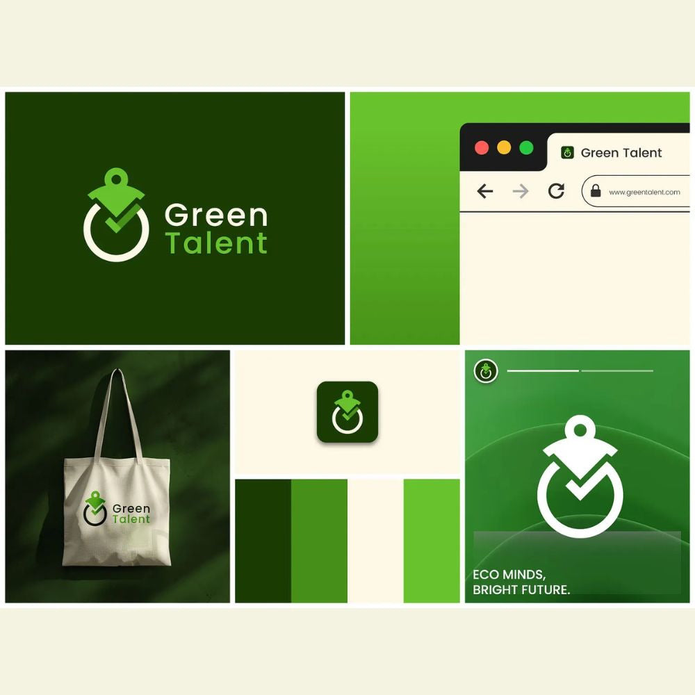 Collage of Green Talent branding elements including logo, website, tote bag, and tagline.