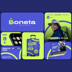 Collage of Boneta brand elements including logo, suitcase, and digital devices on a blue background.