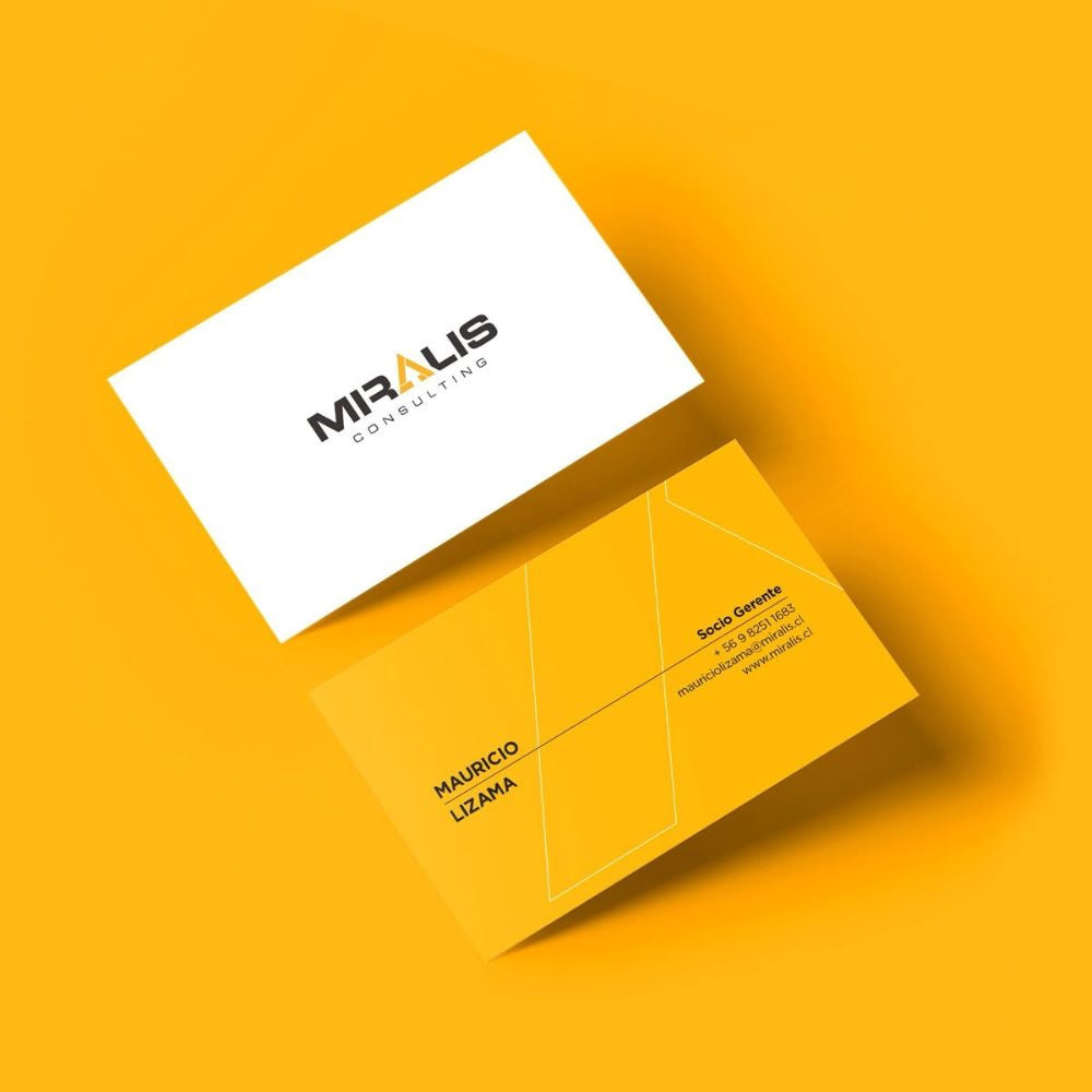 Miralis Consulting business card on a yellow background