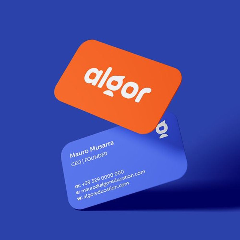 Orange and blue business cards with 'algor' branding on a blue background