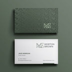 Two business cards with geometric design and branding on a green background