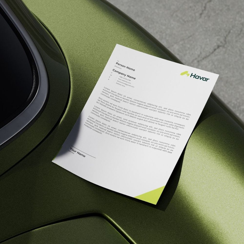 Letterhead with Havar logo on a green surface