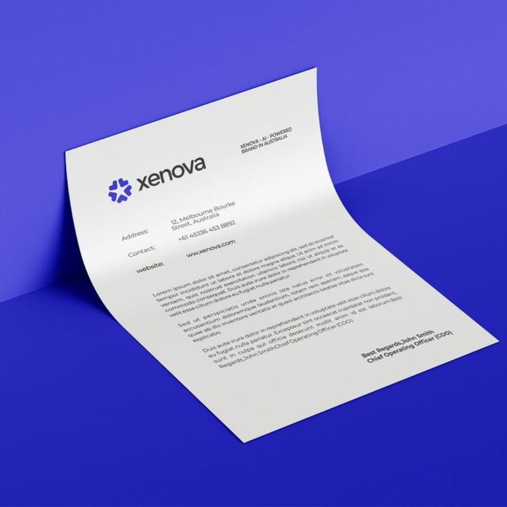 Letterhead with Xenova logo on a blue background