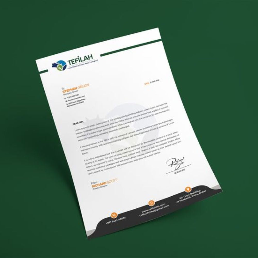 Letterhead with Tefilah logo on a green background