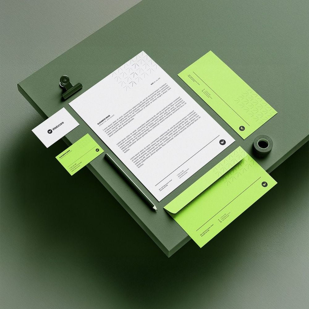 Stationery items including a letter, business card, and sticky notes on a green surface.