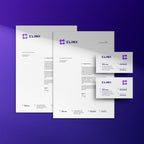 Set of stationery items with CLINX logo on a purple background