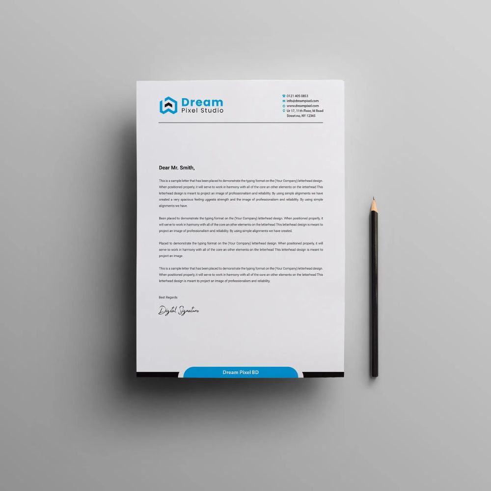 Letterhead with 'Dream Pixel Studio' branding on a gray background