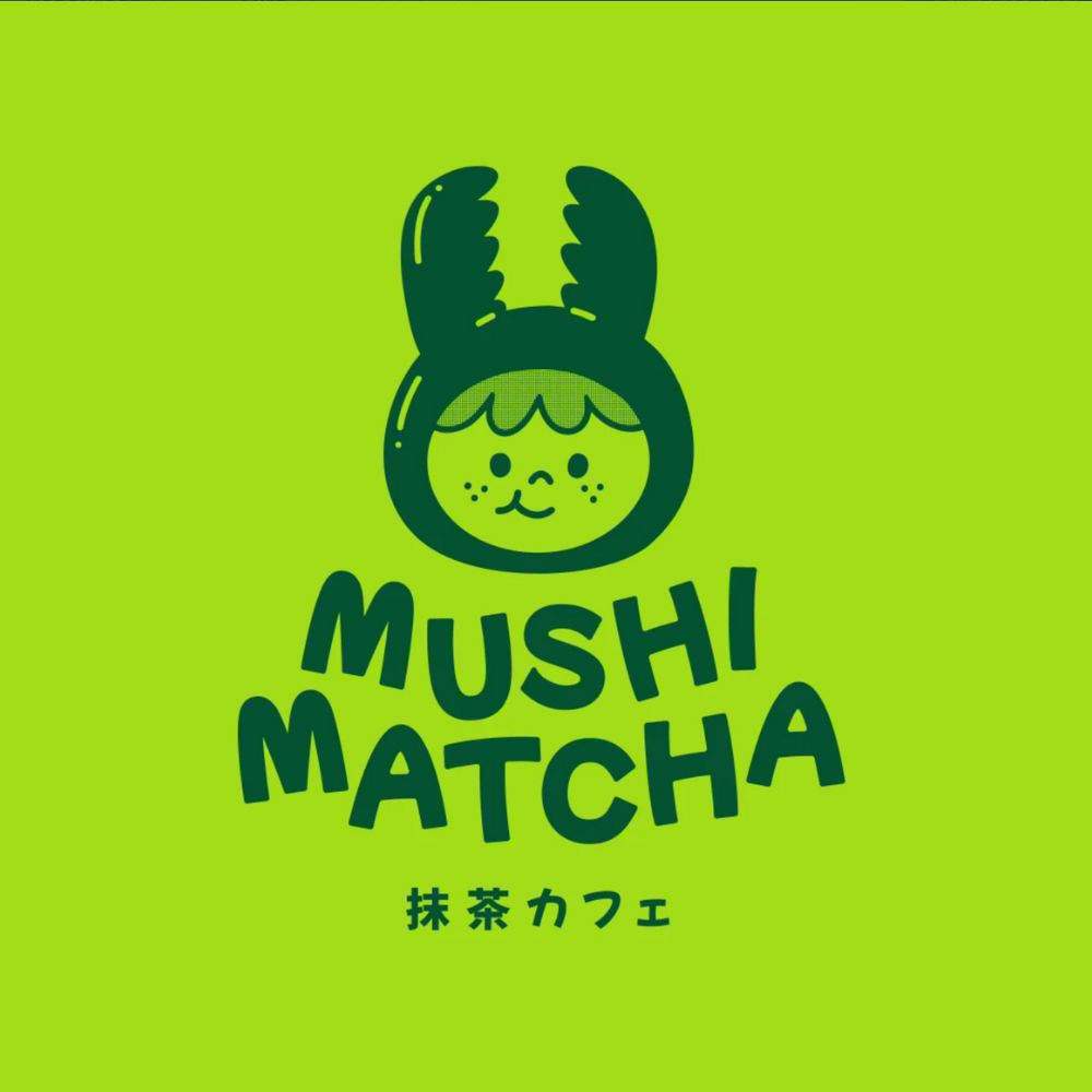 Mushi Matcha logo with a character wearing bunny ears on a green background