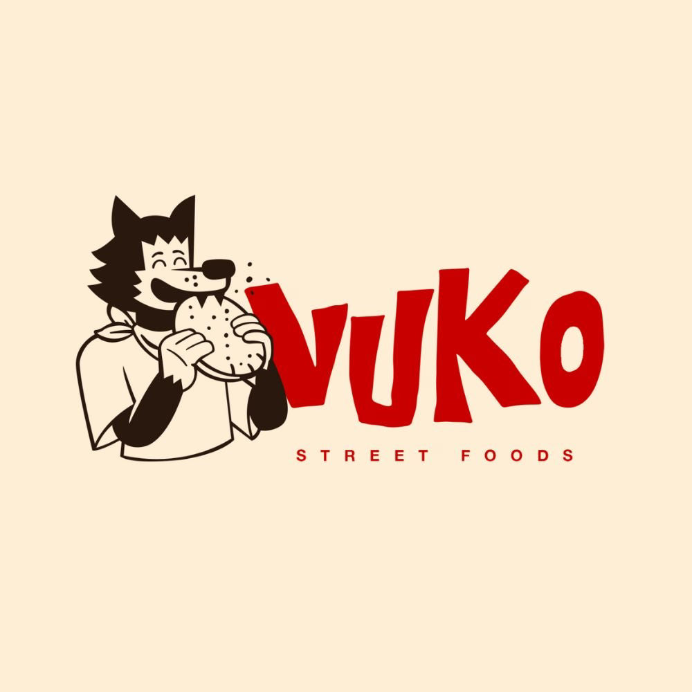 Logo of Vuko Street Foods with a cartoon character eating a snack on a beige background