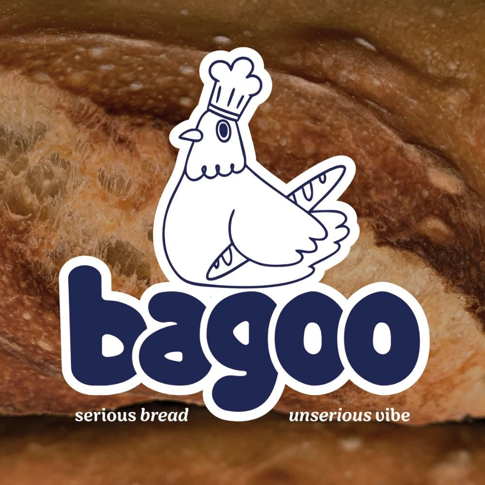 Logo of 'bagoo' with a chicken illustration on a background of bread.