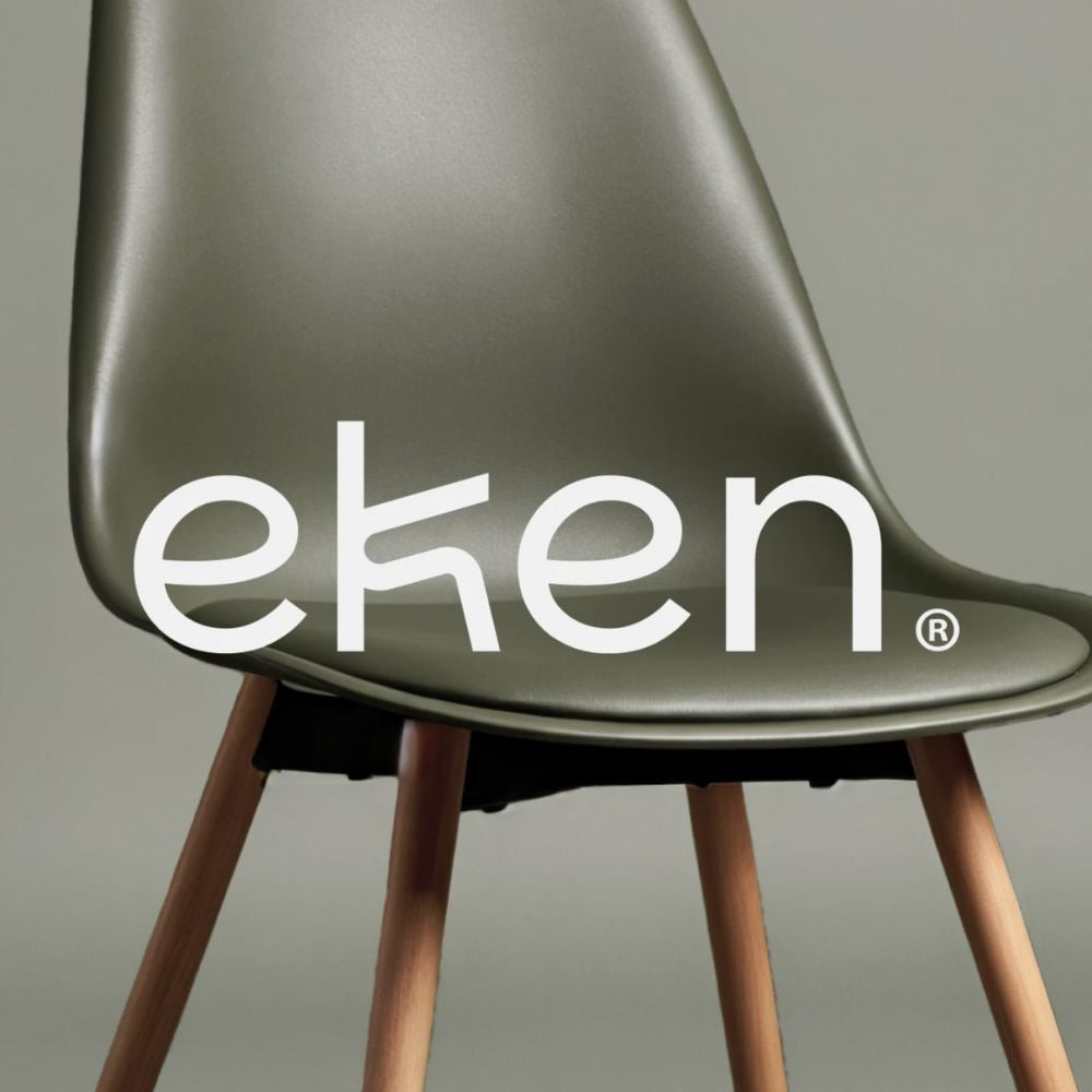 Green chair with 'eken' logo on a gray background