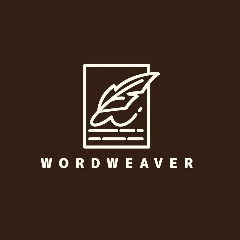 Logo of 'Wordweaver' with a feather and paper design on a brown background