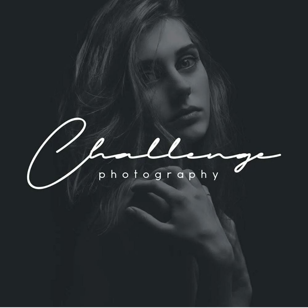 Black and white portrait with 'Challenge Photography' text overlay