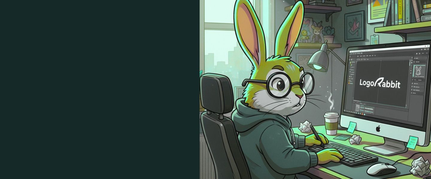 Illustration of a rabbit character working at a computer with 'LogoRabbit' on the screen.