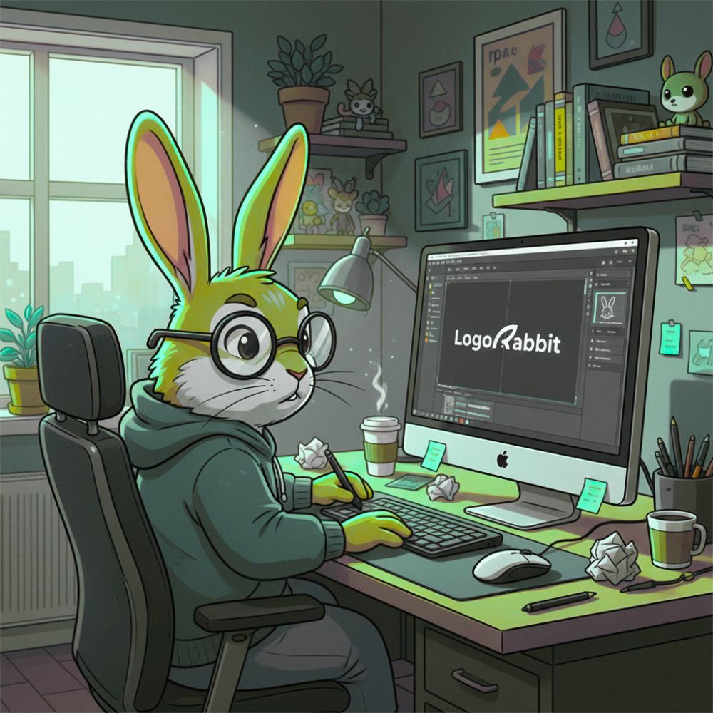 Illustration of a rabbit character working at a computer with 'LogoRabbit' on the screen.